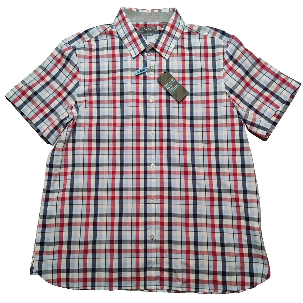 SAVANE Men XL Red White‎ & Blue Plaid Cotton Stretch Button Shirt NEW